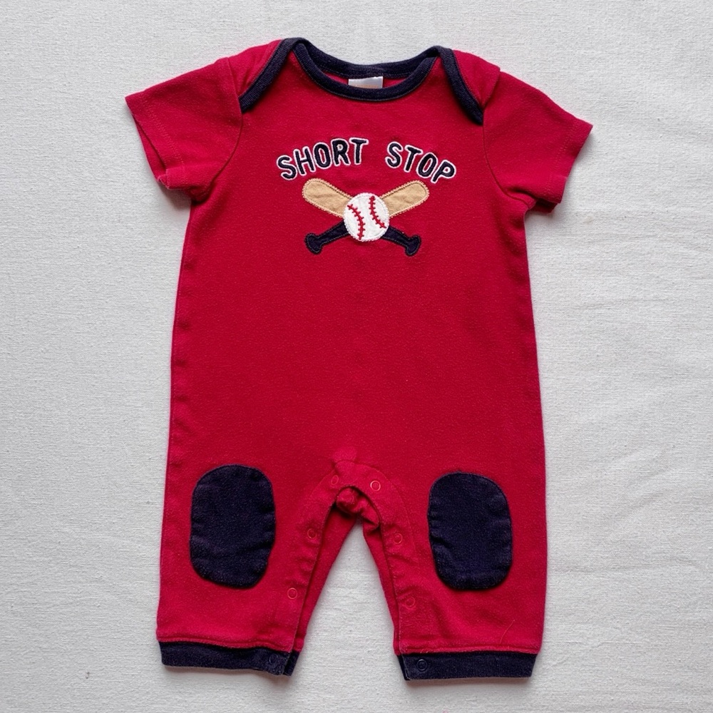2016 Gymboree Short Stop Baseball Embroidered Red & Navy One Piece Romper 3-6M